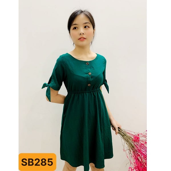 Đầm Thun Eo Tay Nơ Shibi Màu Rêu Sb285Ae (Store 5703)