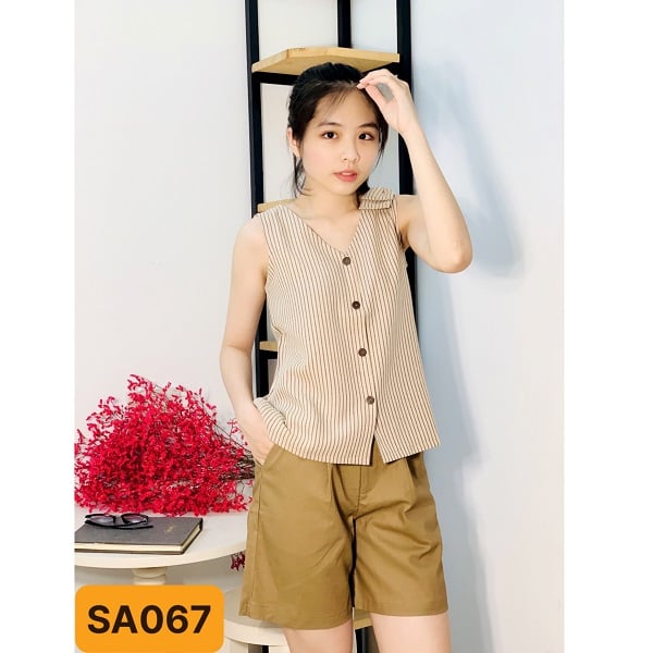 Áo Kiểu Nữ Nơ Vai Sọc Shibi Màu Nâu Sa067Ae (Store 5703)