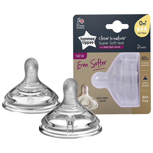 Núm Ty Silicone Siêu Mềm Tự Nhiên Cho Bé Tommee Tippee Closer To Nature Variflow Từ Sơ Sinh (Vỉ Đôi)