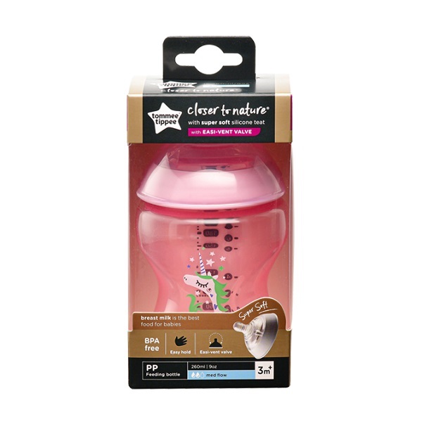 Bình Sữa Ty Siêu Mềm Tự Nhiên Tommee Tippee Closer To Nature 260Ml, Núm Ty Đi Kèm 3 - 6 Tháng - Hồng