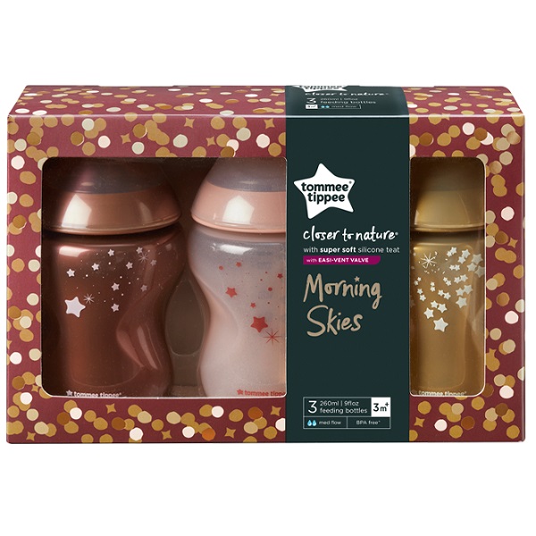 Bộ Bình Sữa Morning Skies Ty Siêu Mềm Tự Nhiên Tommee Tippee Closer To Nature, Núm Ty Đi Kèm 3 - 6 Tháng (3 Bình X 260Ml)