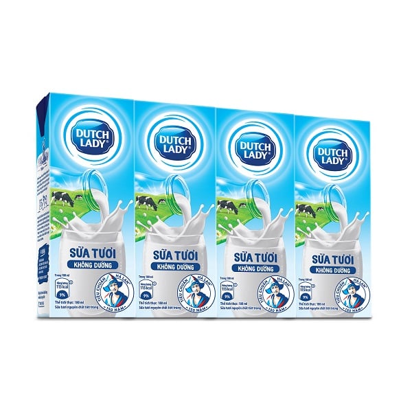 Sữa Tươi Tiệt Trùng Cô Gái Hà Lan Không Đường - Lốc 4 X 180Ml