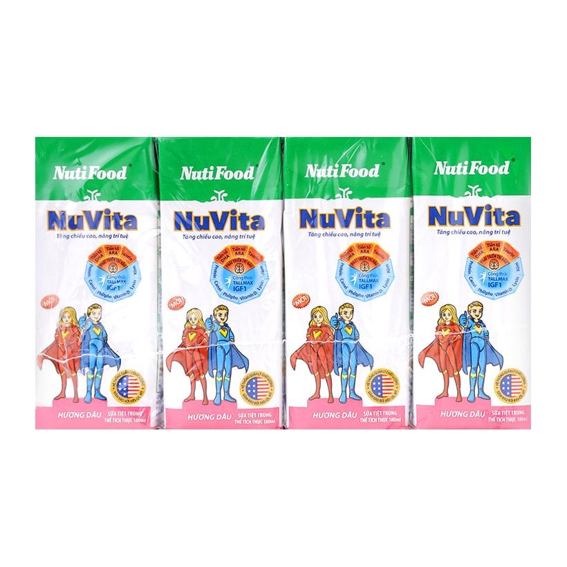 Sữa Tươi Tiệt Trùng Nuvita Hương Dâu - Lốc 4 Hộp X 180Ml