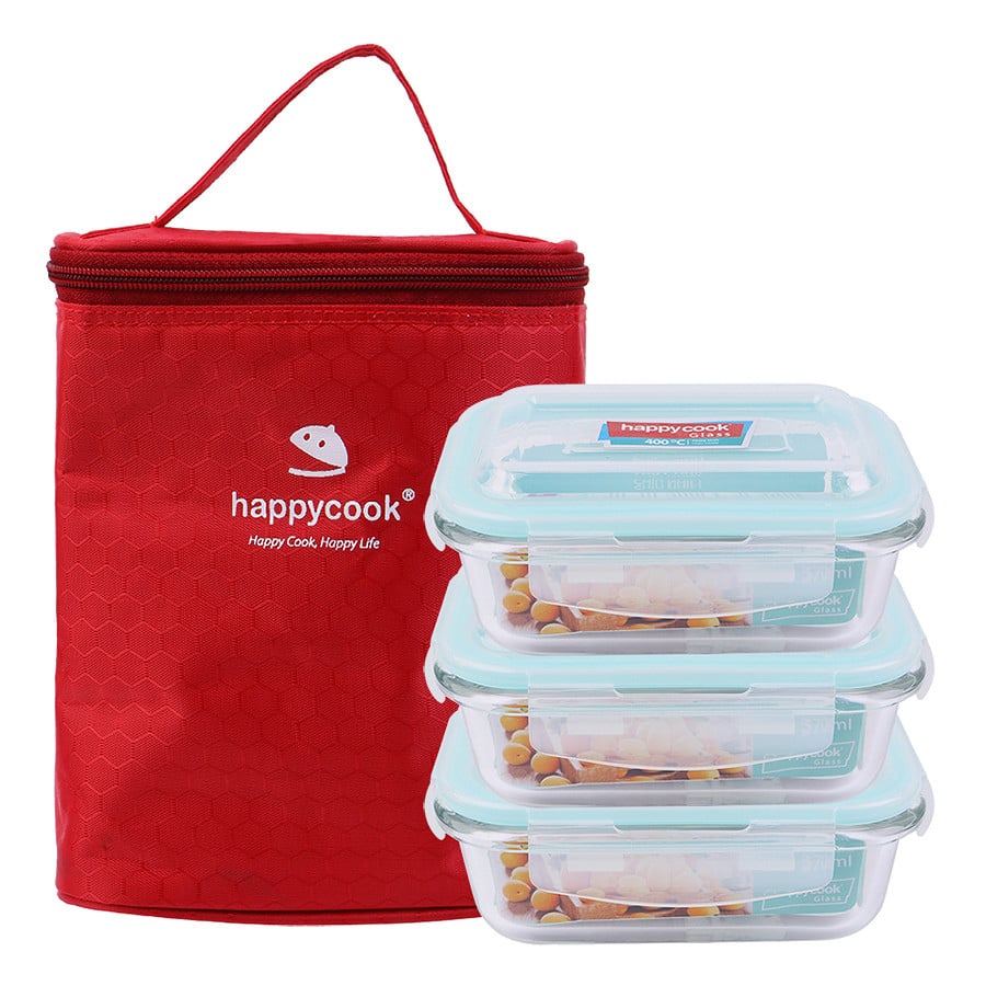 Bộ 3 Hộp Thủy Tinh Chữ Nhật Happy Cook 370Ml | Happy Cook Glass Box 370Ml, Set 3