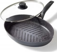 Chảo rán cá Oval nhôm đúc, chống dính hạt đá, nắp kính - STONELINE Fischpfanne XXL 35x24x5cm