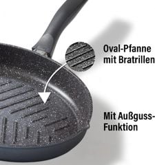 Chảo rán cá Oval nhôm đúc, chống dính hạt đá, nắp kính - STONELINE Fischpfanne XXL 35x24x5cm