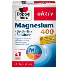 DOPPELHERZ Magnesium 400 + B1, B6, B12 + Folsaure (Axit folic) - Giảm đau đầu, tăng sức đề kháng cơ thể với magie và vtamin B, hộp 30 viên