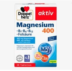 DOPPELHERZ Magnesium 400 + B1, B6, B12 + Folsaure (Axit folic) - Giảm đau đầu, tăng sức đề kháng cơ thể với magie và vtamin B, hộp 30 viên