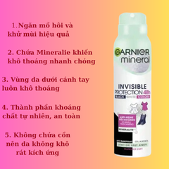 GARNIER - Xịt khử mùi cơ thể 48h bảo vệ quần áo, lọ 150ml Mineral Invisible Deospray Protection