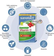 SANOTACT Vitamin C - Viên ngậm Vitamin C tự nhiên cho trẻ em từ quả Acerola Cherry, hộp 30 viên