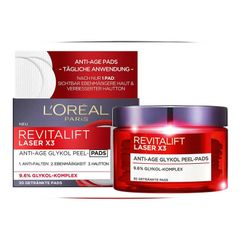 L'Oreal Paris - Miếng đệm nâng cơ, tẩy da chết, se khít lỗ chân lông - Revitalift Laser X3 Anti-Age Glykol Pads, 30 miếng
