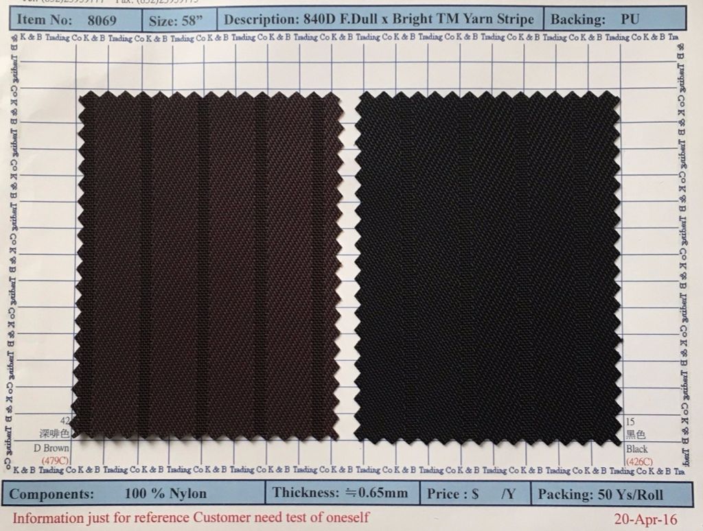 Item 8069: 840D F.Dull x Bright TM yarn Stripe Backing PU