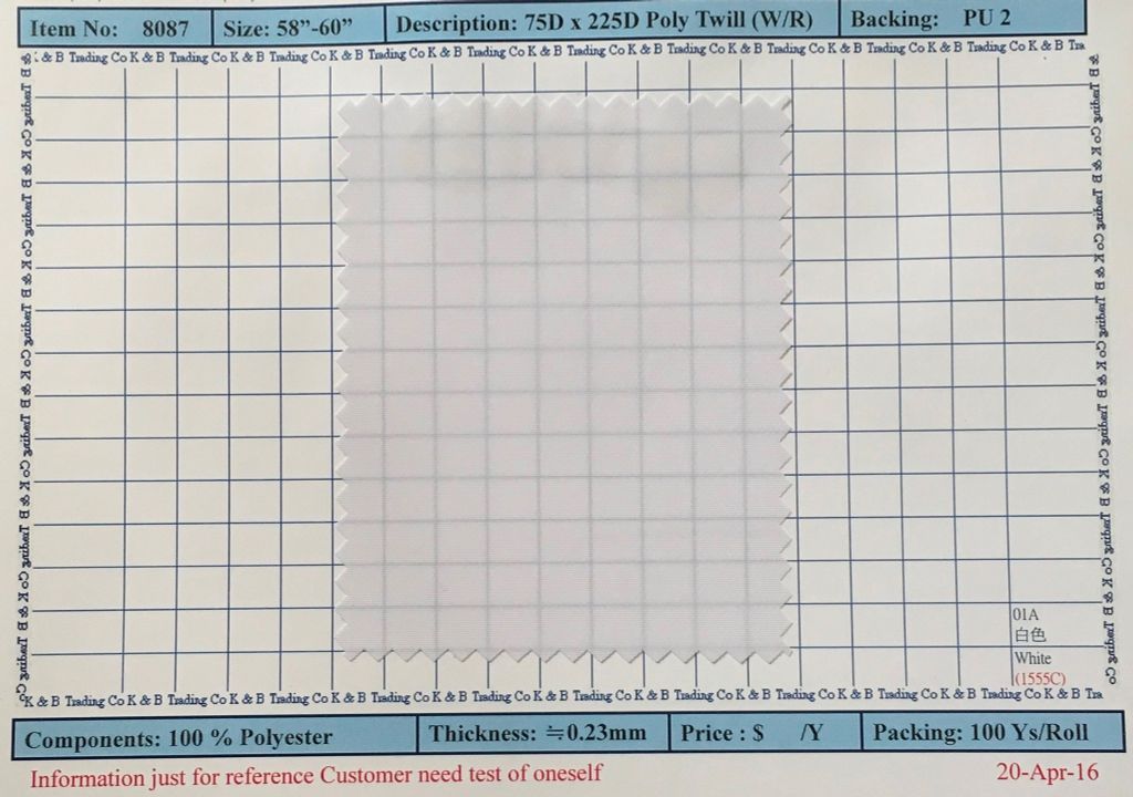 Item 8087: 75D x 225D Poly Twill WR Backing PU2