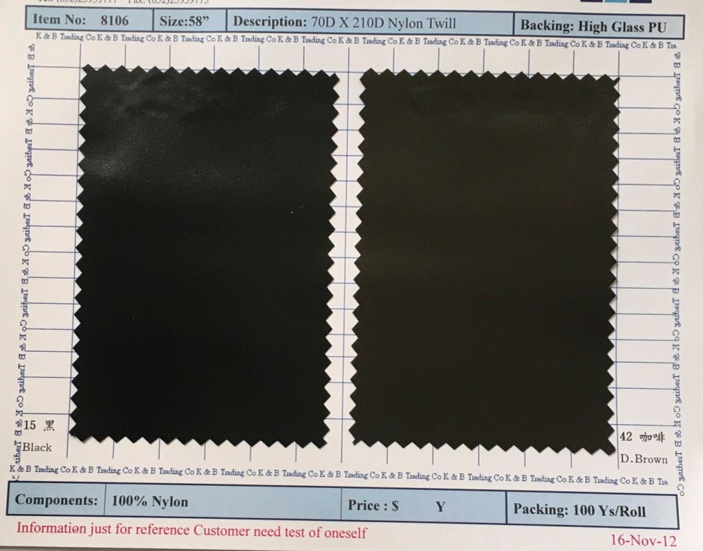 Item 8106: 70D x 210D Nylon Twill Backing high Glass PU