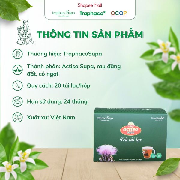  Trà Túi Lọc  Actiso/ Atiso Sapa TRAPHACOSAPA Hỗ Trợ Sức Khoẻ Thanh Lọc Cơ Thể Hộp 20 Túi Lọc 