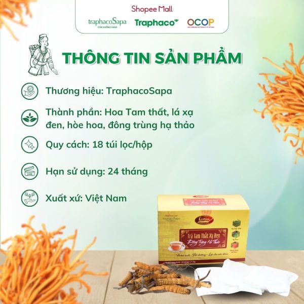  Trà Túi Lọc Đông Trùng Hạ Thảo Tam Thất Xạ Đen TRAPHACOSAPA Tăng Đề Kháng Tốt Cho Tim Mạch Hộp 18 Túi Lọc 