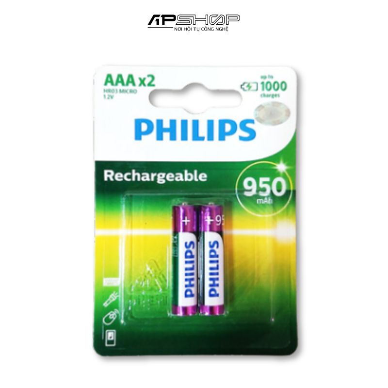 Pin sạc Philips R03B2A95/97 | Vỉ 2 viên | NiMH AAA 950mAh | Sạc đến 1000 lần | Điện thế : 1.2V
