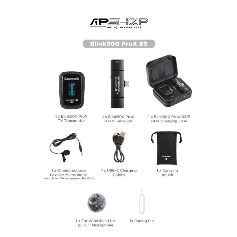 Bộ micro không dây Saramonic Blink500 ProX B5 | Cổng USB C có hộp sạc