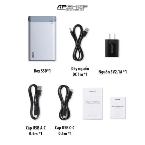 Box đọc ổ cứng 2.5 Dual Ugreen 80857 USB C 3.1 Gen 2, dung lượng SSD 2x 6TB