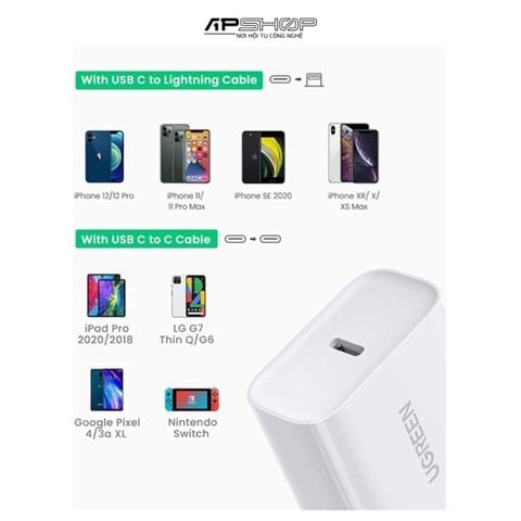 Cóc Sạc UGREEN Fast Charging Power Adapter with PD 20W US (White) 60449