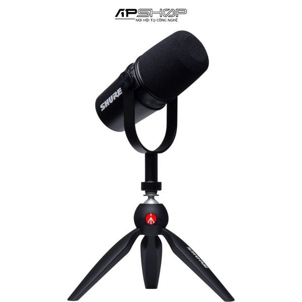 Bộ micro thu âm chuyên podcast cổng USB Shure MV7 và đế treo màu đen