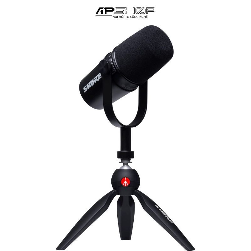Bộ micro thu âm chuyên podcast cổng USB Shure MV7 và đế treo màu đen