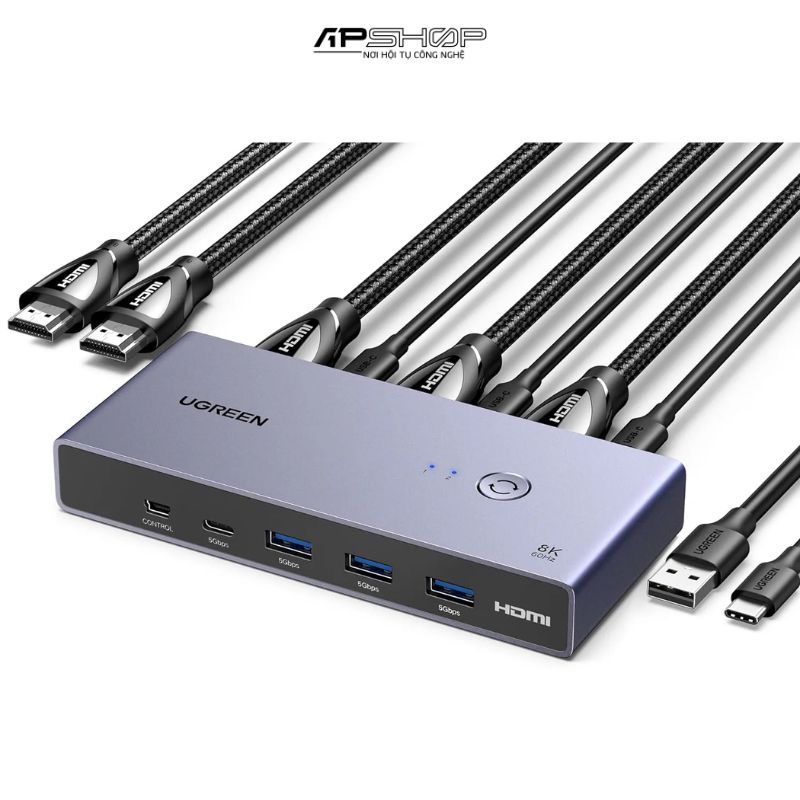 Bộ chuyển KVM 2 cổng HDMI 2.1 Ugreen 25961, độ phân giải 8K60Hz, 3 cổng USB 3.0, 1 Cổng USB C 5Gbps