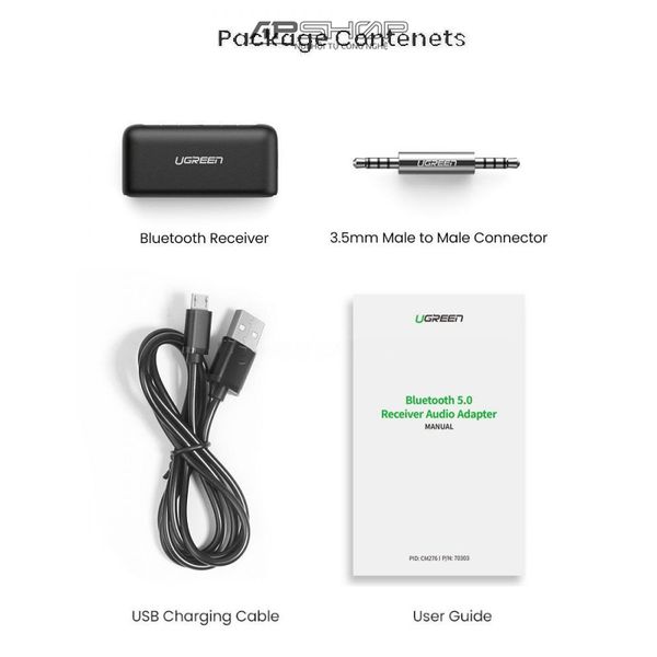 Bộ nhận Bluetooth UGREEN 5.0 jack 3.5mm 5 dùng cho xe hơi CM276 | Chính hãng