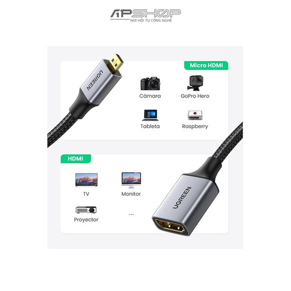 Cáp chuyển đổi Micro HDMI to HDMI 2.0 bện dù 4K 3D 1080P Ugreen