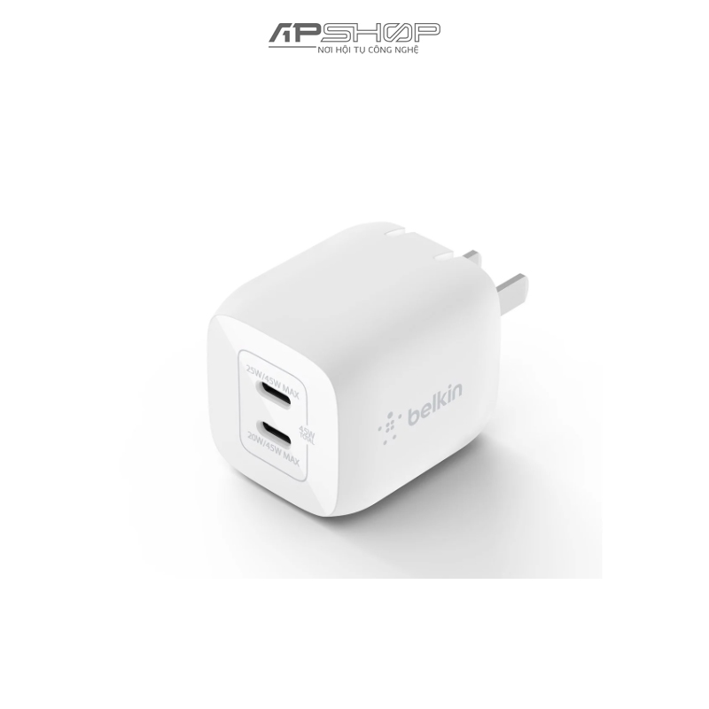 Củ sạc nhanh Belkin 45W, 2 cổng USB C, PD 3.0 PPS GaN | Chính hãng