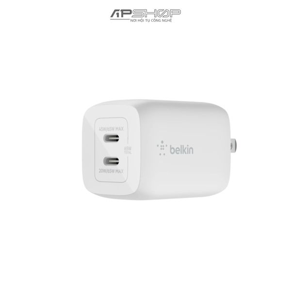 Củ sạc nhanh Belkin 65W, 2 cổng USB C, PD 3.0 PPS GaN | Chính hãng