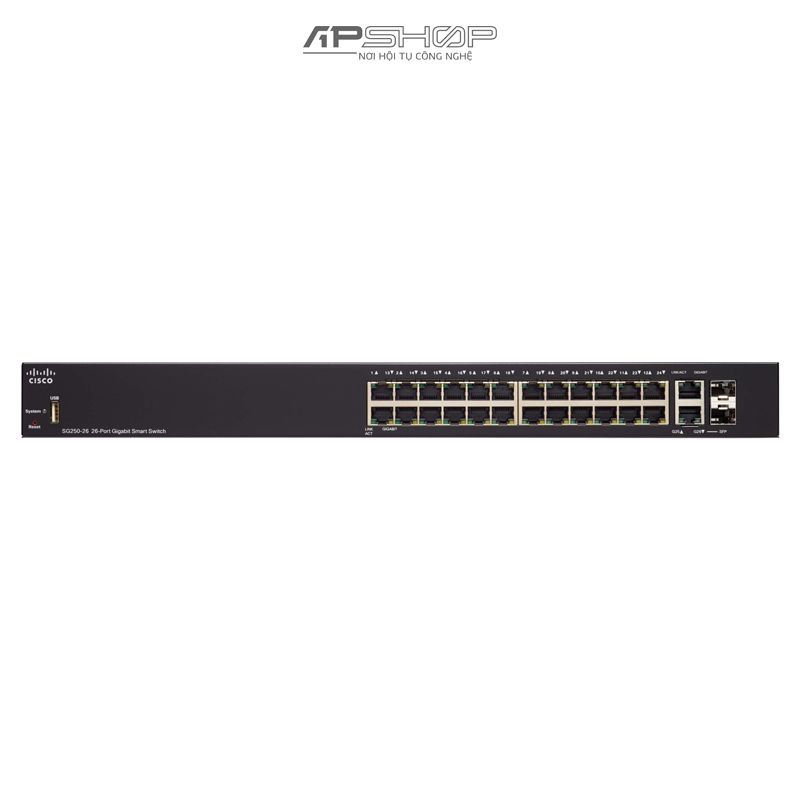 Switch Cisco SG250 24Port Gigabit PoE+ ports with 195W power budget + 2 Gigabit copper/SFP combo ports Smart Switch - Hàng chính hãng