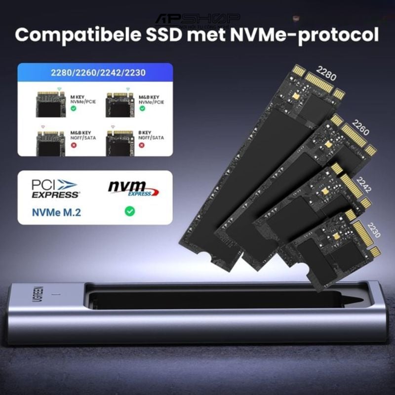 Box ổ cứng SSD M.2 NVMe USB 3.2 10Gbps Ugreen 15511, Hỗ trợ 4TB, UASP Trim cho M-Key và M&B Key 2230224222602280