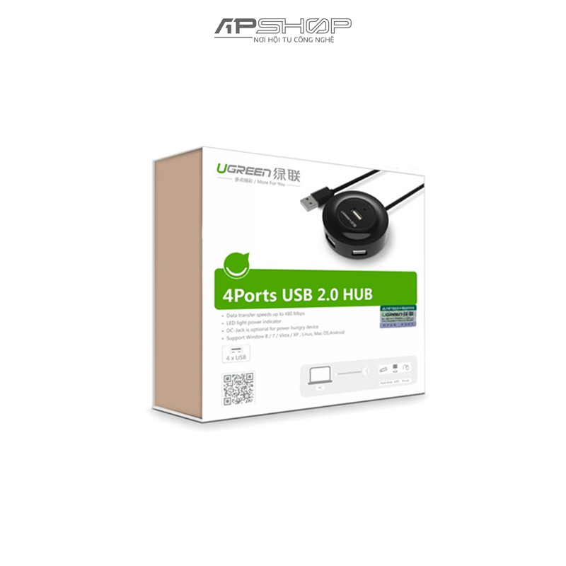Hub chia USB Ugreen USB 2.0 4 Port | CR106 Black | Chính hãng