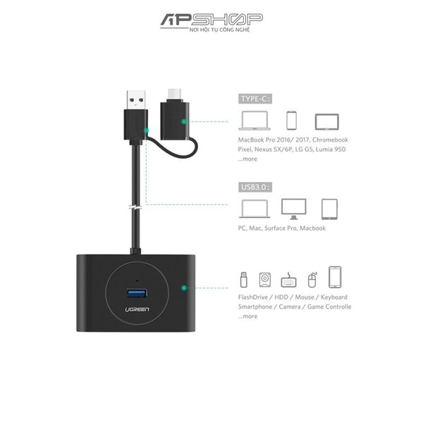 Hub Ugreen USB A Black 1M CR113 | 4 Port USB 3.0 | Chính hãng