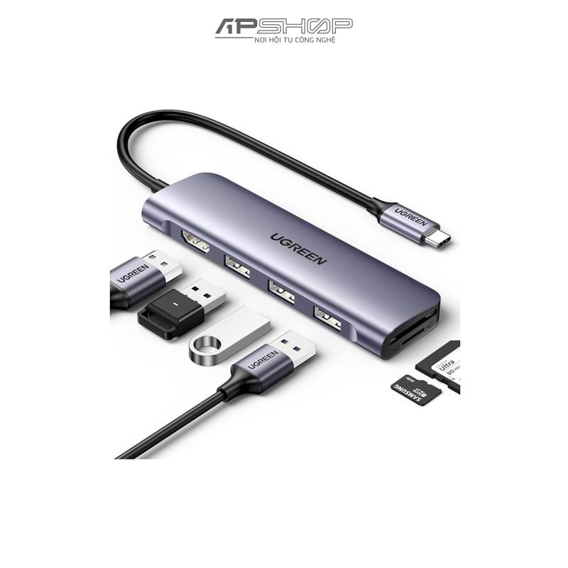 HUB UGREEN USB C To 3 USB 3.0 A + HDMI + VGA + RJ45 Gigabit + SD/TF + PD Converter 4K 30Hz with PD 15600