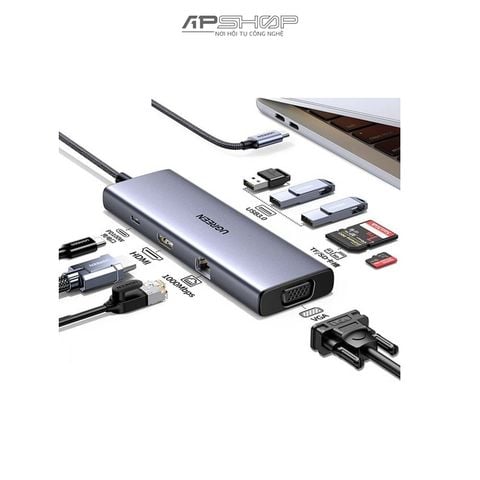 HUB UGREEN USB C To 3 USB 3.0 A + HDMI + VGA + RJ45 Gigabit + SD/TF + PD Converter 4K 30Hz with PD 15600