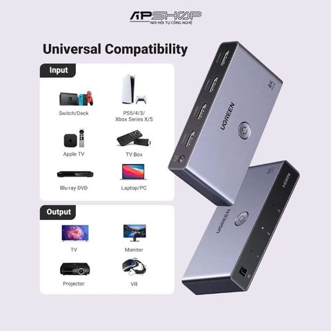 Bộ gộp HDMI 2.1 3 vào 1 ra Ugreen 15604, Hỗ trợ 8K60Hz, 4K144Hz 3D HDR CEC Dolby HDCP 2.3 Tương thích với PS4/PS5 Fire Stick Xbox Roku Apple TV