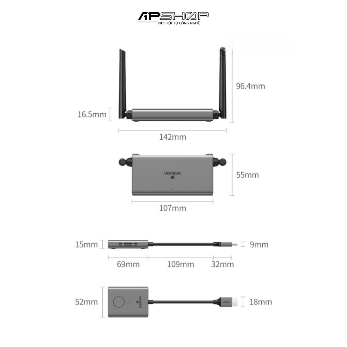 Bộ phát nhận tín hiệu HDMI+VGA không dây 50m 1080p@60hz sóng 5Ghz Ugreen 50633A cao cấp (vỏ nhôm)