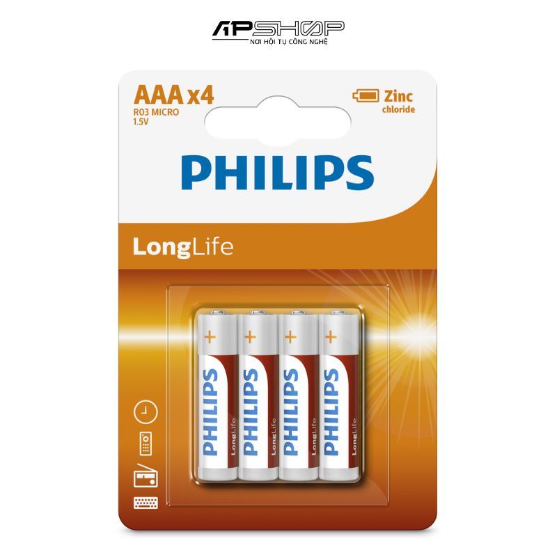 Pin Kẽm AAA Philips R03L4B | Vỉ 4 viên | Điện thế: 1.5V