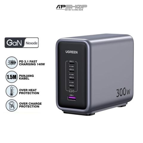 Sạc nhanh để bàn Nexode GaN 300W Ugreen 90903B, 5 cổng USB C x4, USB A x1 (EU Plug)