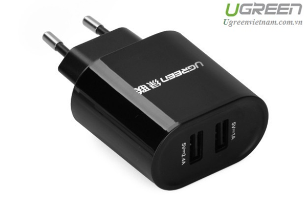 Củ sạc di động 2 cổng USB (17W/5V 3.4A) Ugreen 20383 (Màu đen EU) chính hãng