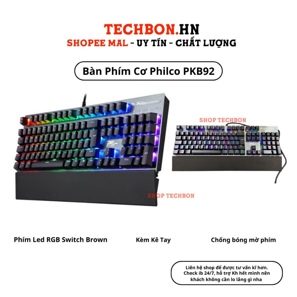 Bàn Phím Cơ Chơi Game Philco PKB92, Phím Led RGB Switch Brown, Kèm Kê Tay Cho Máy Tính PC Gaming TS28 TECHHIGH