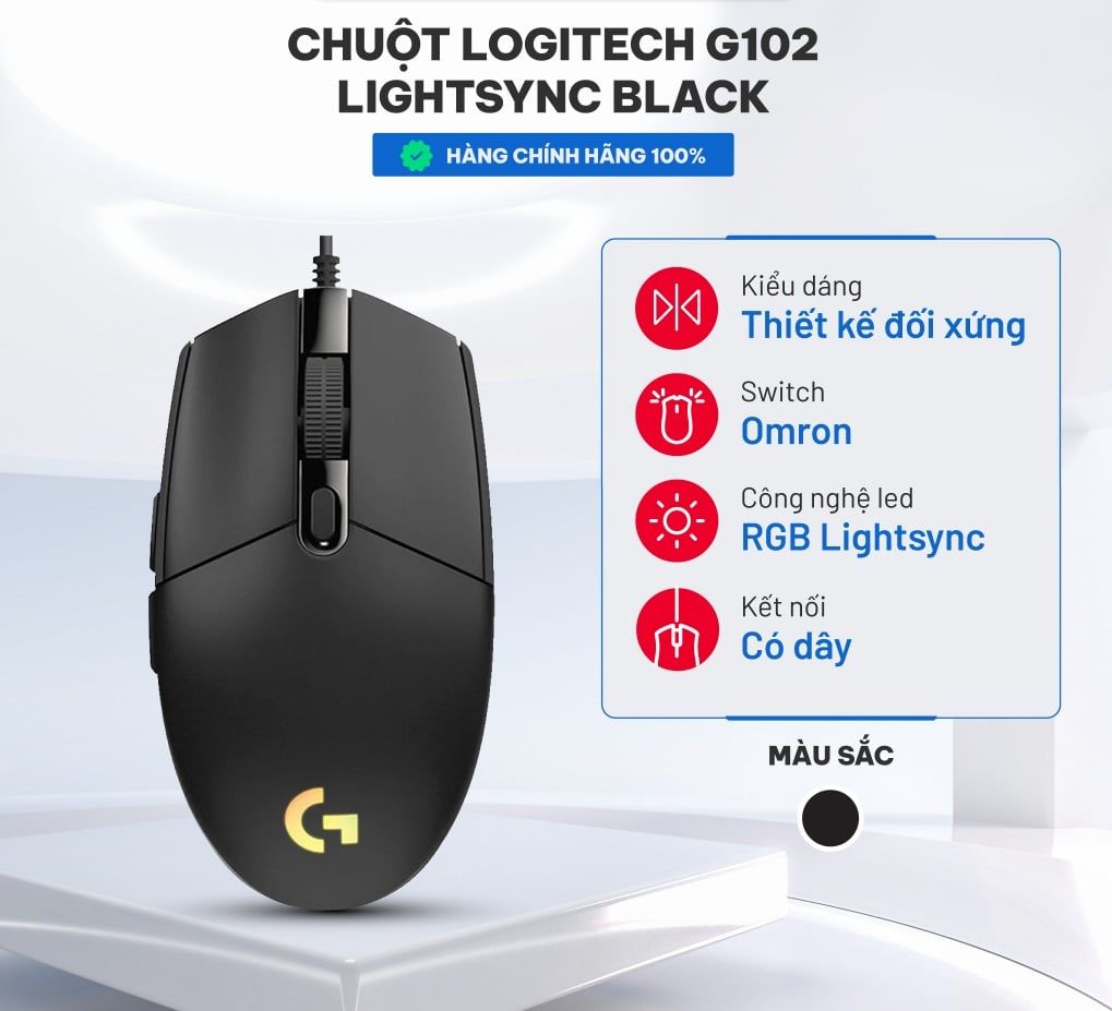 Chuột Gaming LOGITECH G102 LightSync Black RGB - Tuỳ Chỉnh Phần Mềm HUB G - 5 Chế Độ Thiết Lập Sẵn - Hàng Chính Hãng