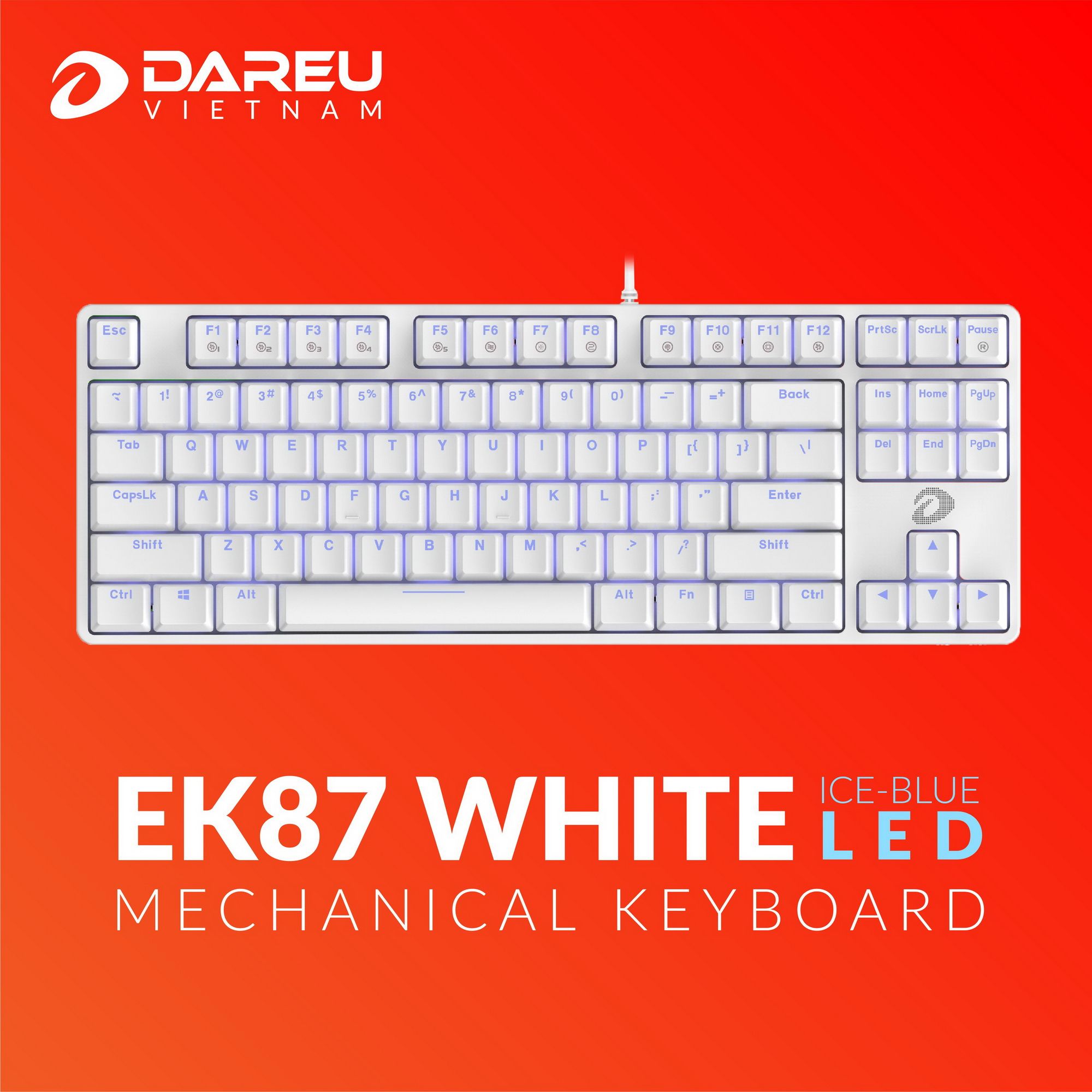 Bàn phím cơ Gaming DAREU EK87 WHITE (ICE-BLUE LED, Blue/ Brown/ Red D switch) – Bàn phím màu trắng