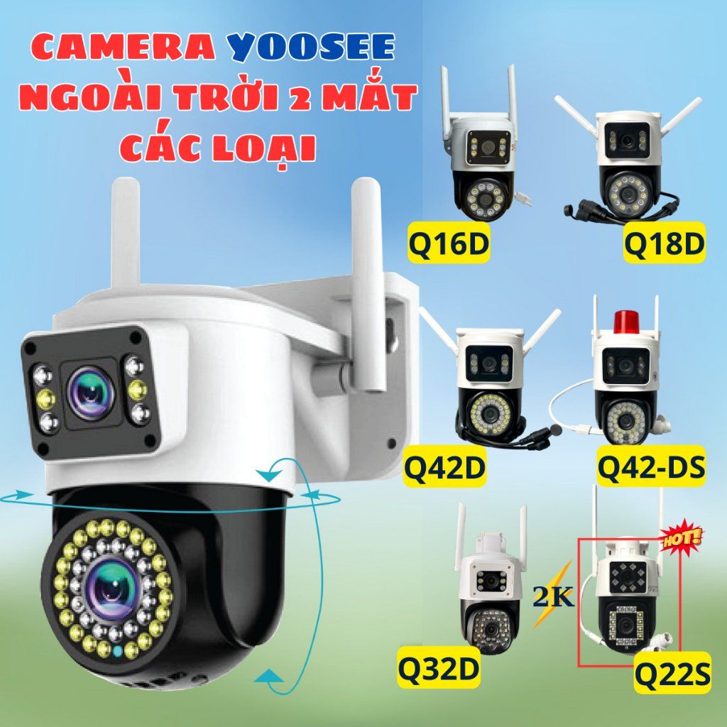 Camera Yoosee ngoài trời 2 mắt các loại- Q42D, 2K - kèm thẻ nhớ chuyên dụng