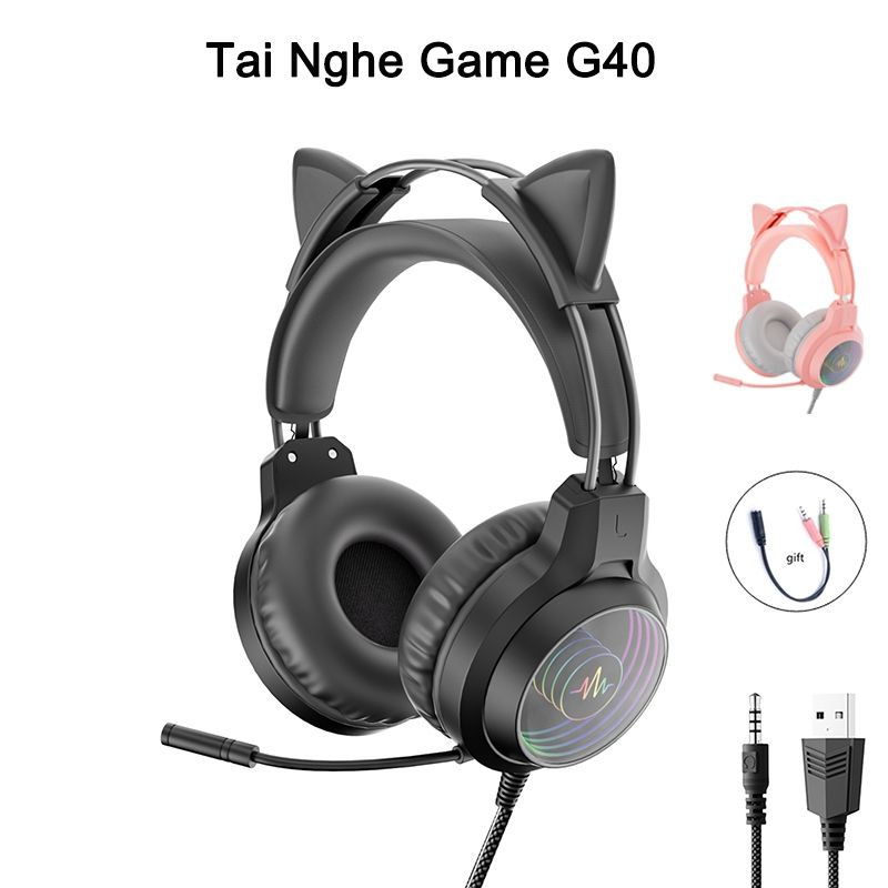 Tai Nghe Có dây Game G40 Có Mic Chơi Game thủ Chuyên Nghiệp Onikuma Tai mèo Có Hiệu ứng ánh sáng 3D