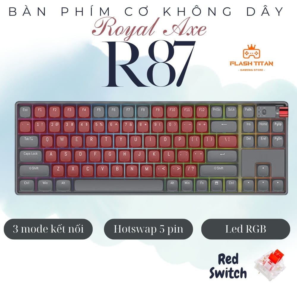 Bàn phím cơ không dây Royal Axe R87 - Hotswap 5 pin - 3 Mode kết nối - Led RGB nhiều chế độ, switch đã được pre-lube