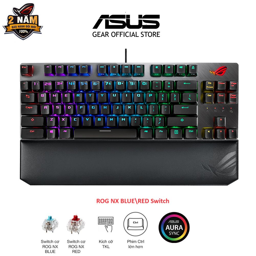 Bàn phím cơ gaming ASUS ROG STRIX SCOPE bản TKL Deluxe, ROG NX Switch độc quyền RED\BLUE, vỏ nhôm, đệm tay công thái học