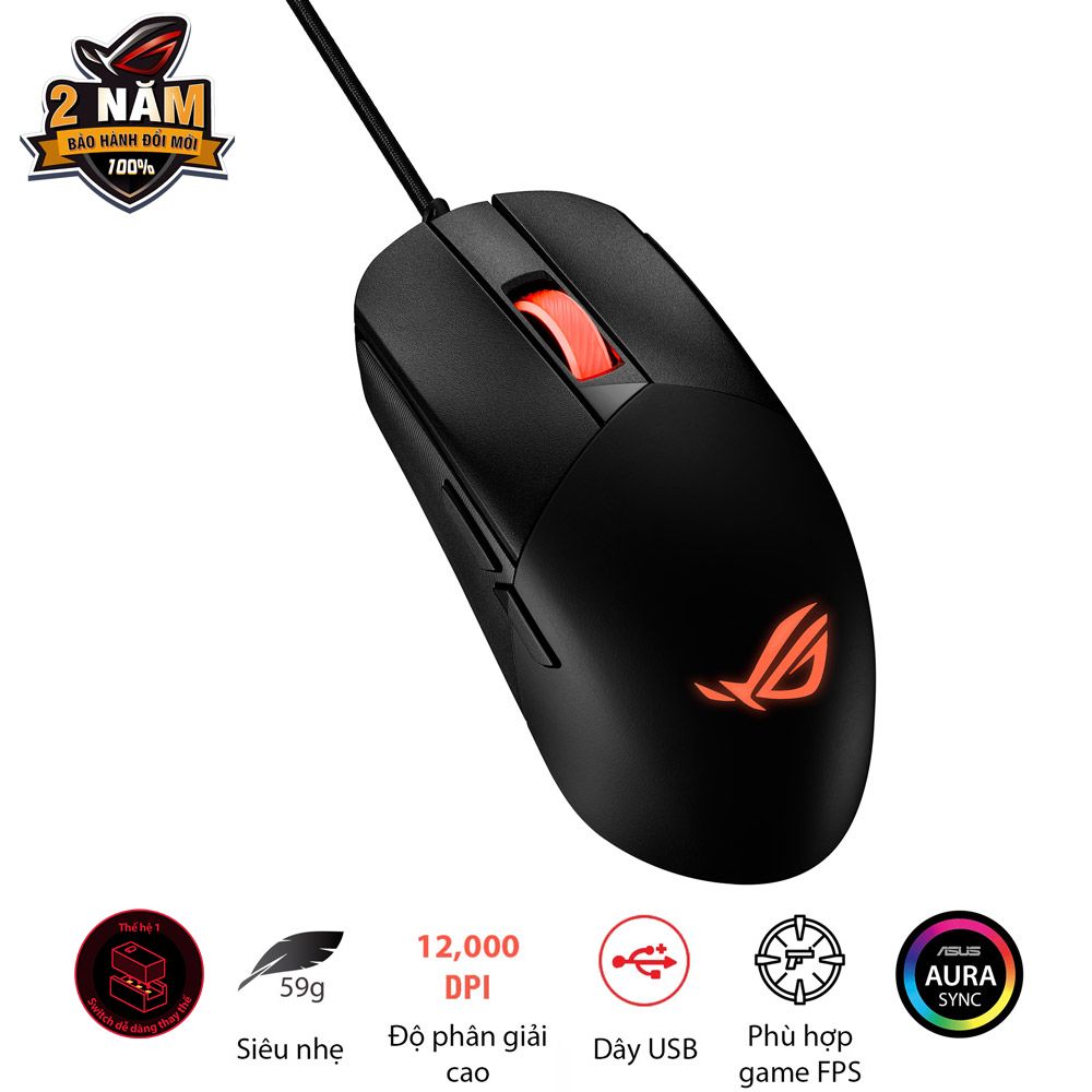 Chuột game có dây ASUS ROG STRIX IMPACT III, siêu nhẹ, cảm biến quang học 12.000 dpi, switch dễ thay thế